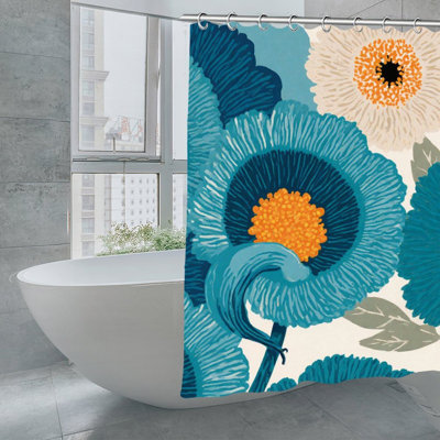 Rideau de salle de bain sarcelle et orange à motif floral, 72 x 72 po