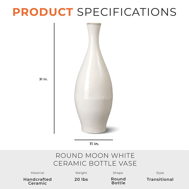 Vase en céramique H 31 po, Blanc, 23" H x 8.5" W x 8.5" D