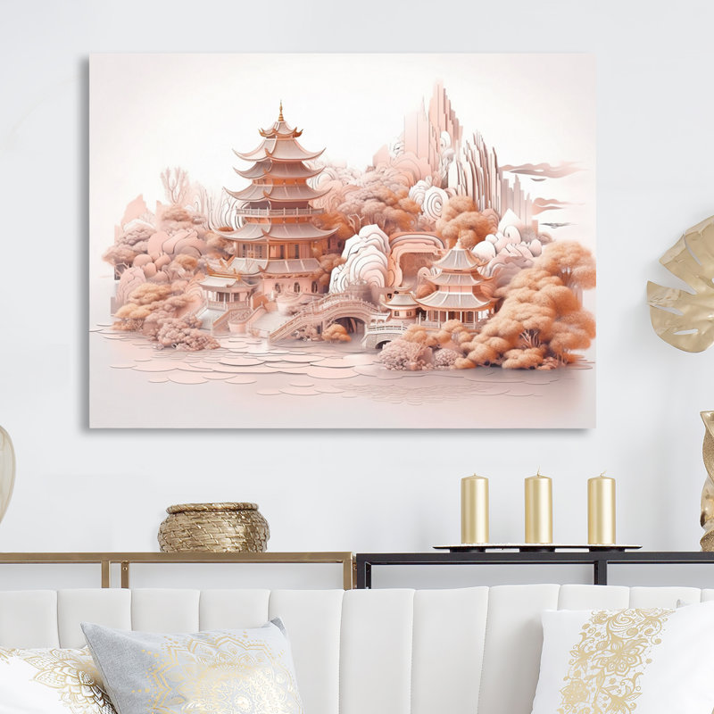 Illustration de montagne asiatique et lac I - Sans cadre, impression sur métal, H 24 po x l 32 po x P 1 po