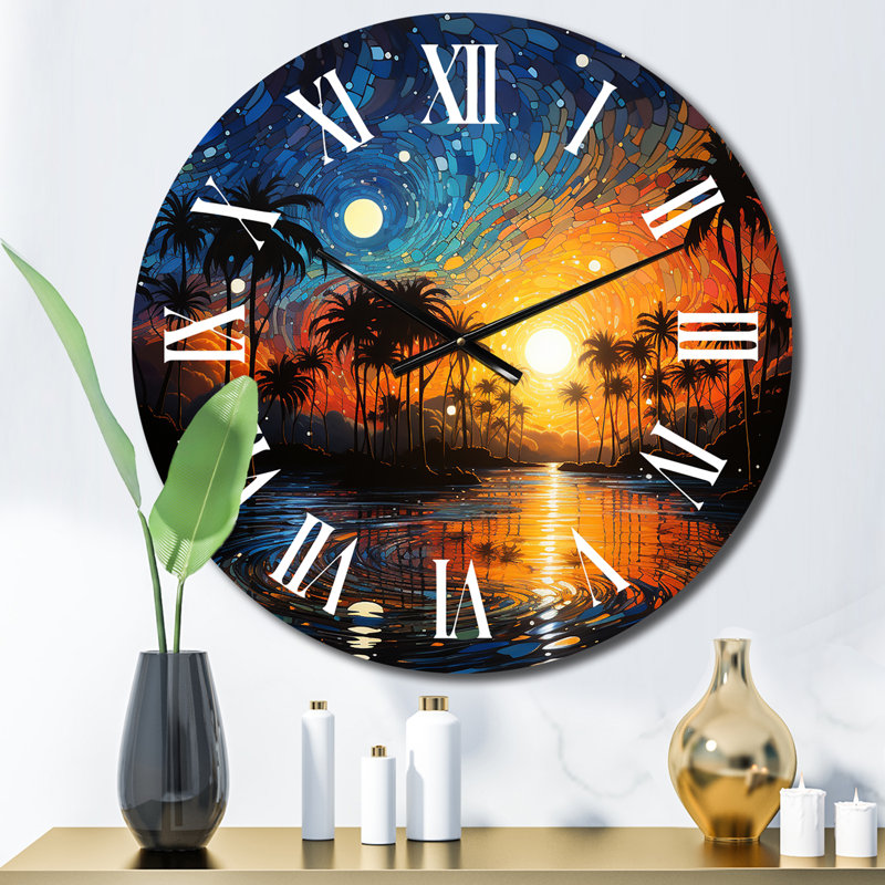 Horloge murale palmiers - pointillisme tropical I, Moyenne