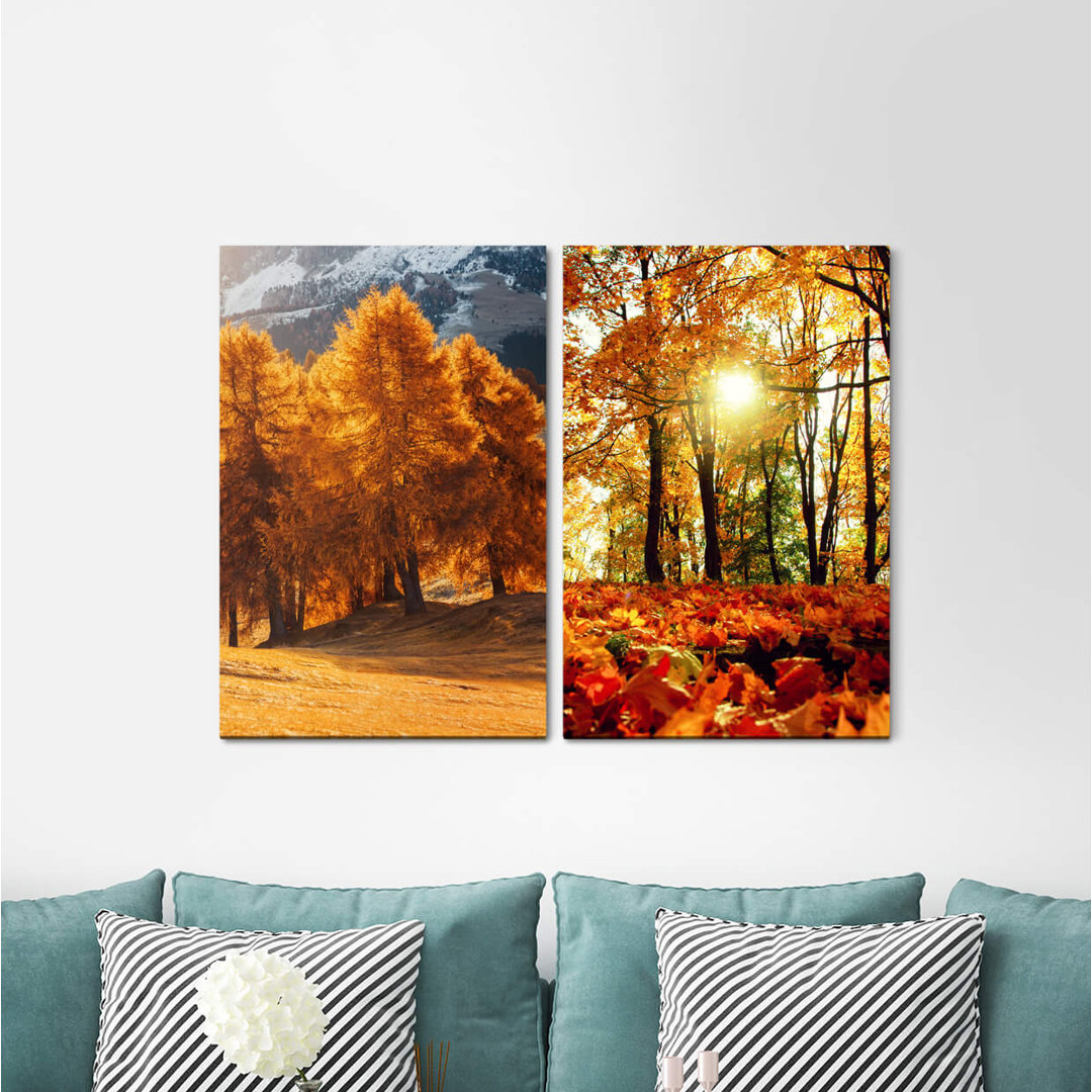 2-tlg. Leinwandbilder-Set - Fotografie „Trees Autumn Foliage Sun Rays Warm Light Healing Relaxing”