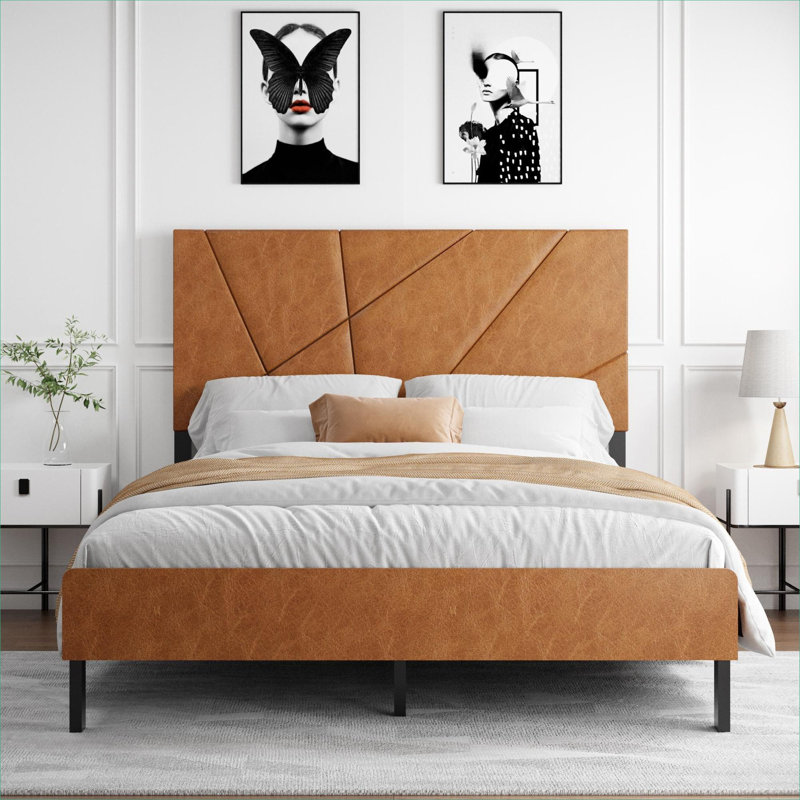 Vintage Square Full Double Size Upholstered Platform Bed, Metal MDF Construction, No Box Spring Required, Classic Brown, Full