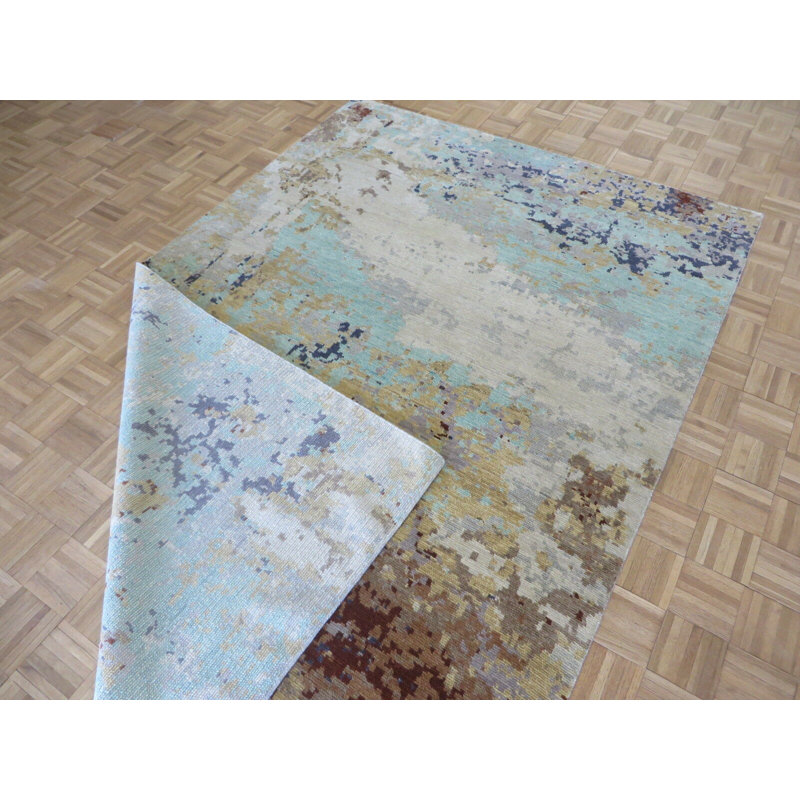 Tapis bleu en laine noué à la main de conception unique 6 pi 1 po x 9 pi 2 po Maijah