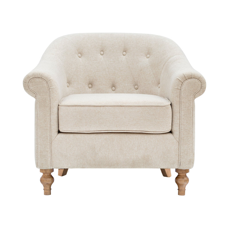 Beige Microfiber Barrel Accent Chair with Wood Legs