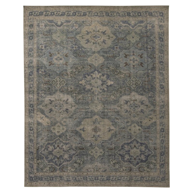 Rug & Kilim's Homage Geometric Floral Green And Blue Wool Custom Rug, Rectangle 10' x 14'