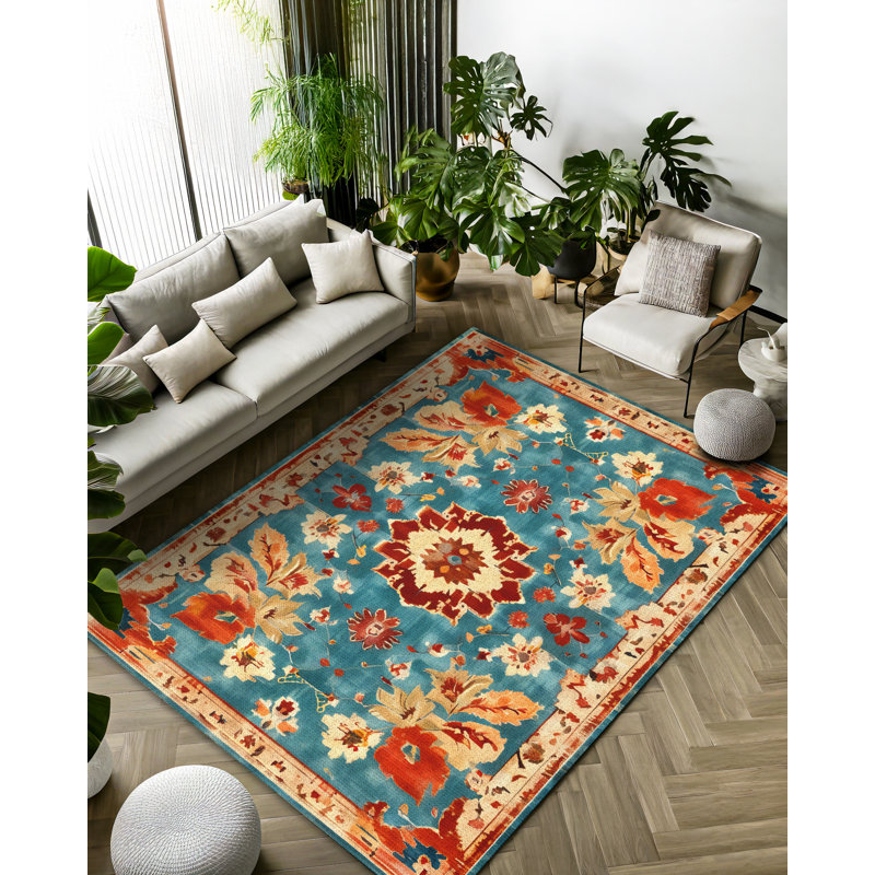 Tapis en mélange de coton et polyester à imprimé numérique Larissa Collection - Bleu sarcelle et rouge, Rond 3 pi 4 po