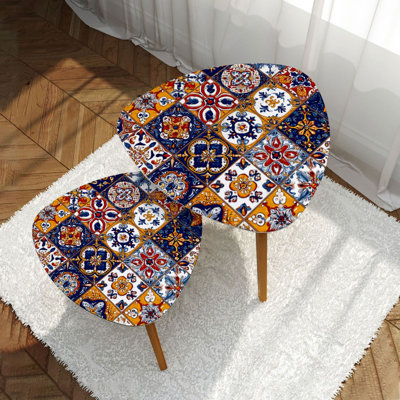 Triangle Nesting Coffee Table Set of 2 Mexican talavera ceramic tile Ethnic folk ornament Italian pottery End Table Modern Minimalist Side Table Set for Living Room Bedroom