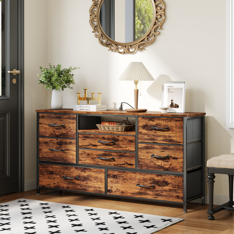 8-Drawer Fabric Dresser with Wood Top, Storage Chest, Rustic Brown