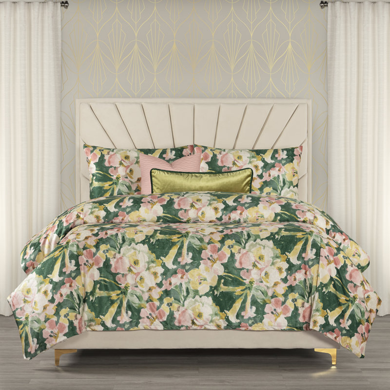 Velvet Floral Duvet Cover & Insert, Full / Double Duvet + 2 Shams + 2 Throw Pillows, Green/Pink