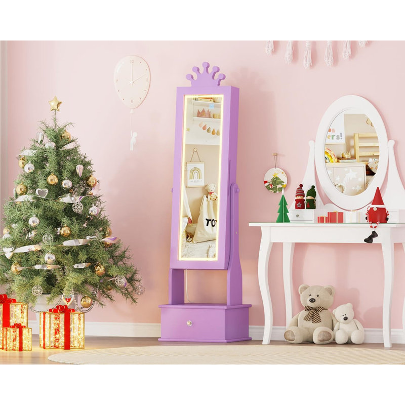 Armoire à bijoux pour enfants avec lumière DEL, organisateur de bijoux autoportant avec miroir et tiroirs, Mauve