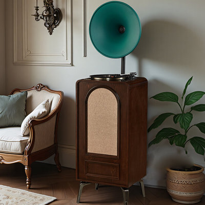 Nut-brown+Green Rectangular Solid Wood+Copper Media Players