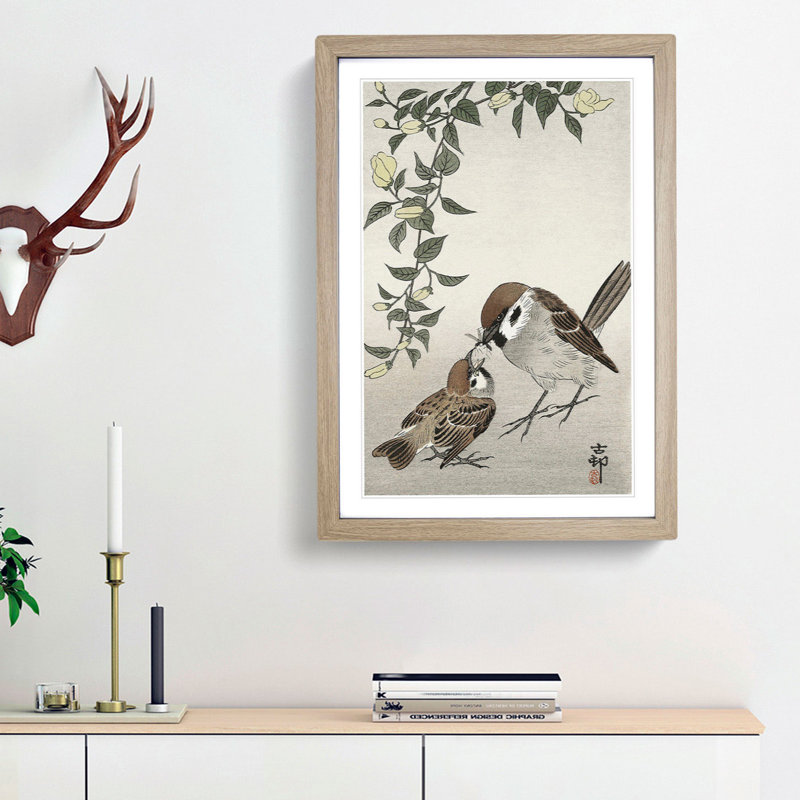 Sparrow Birds and Plants by Ohara Koson - Picture Frame Painting Print, 65cm H x 48cm W x 2cm D, Oak Framed