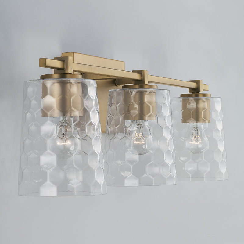 Aged Brass 3-Light Vanity with Clear Honeycomb Glass Shades