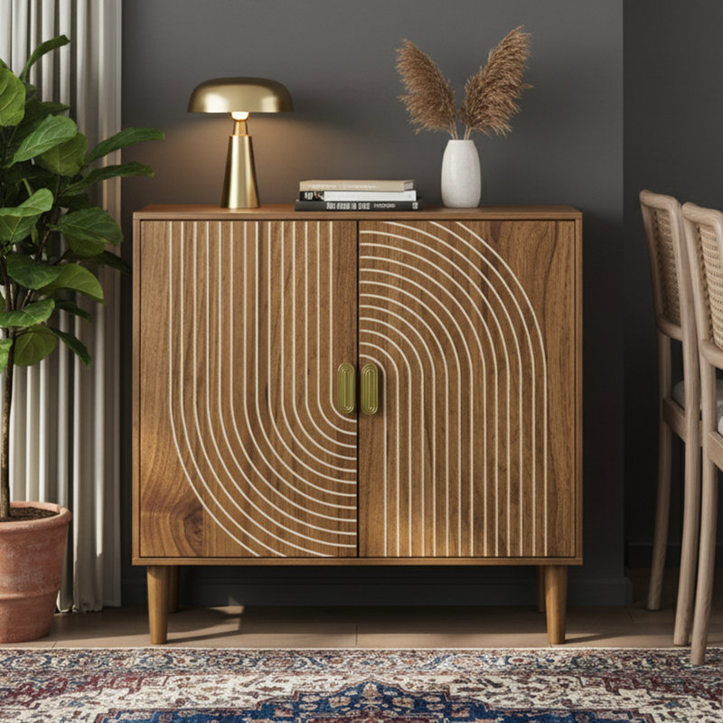 Buffet en bois de noyer de 31,5 po de largeur avec portes à rainures - Buffet multifonction avec tablette réglable à 3 hauteurs - Bar à café moderne - Noyer
