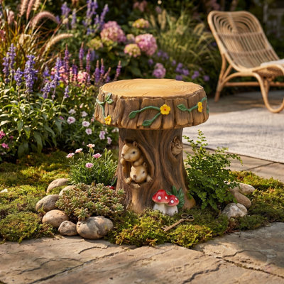 13 in. H Squirrel Tree Stump with Leaf Garden Statue Weather-Resistant Resin Decorative for Patio and Yard