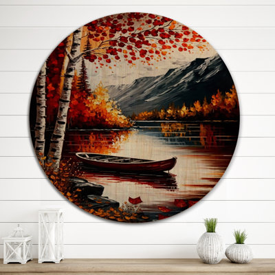 Bouleaux rouges et oranges au bord du lac IX - Art mural en bois paysage - Bois de pin naturel