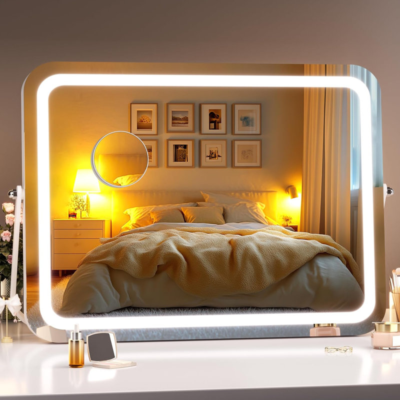 Miroir de salle de bain à DEL avec lumières, miroir de maquillage avec 3 modes d'éclairage, contrôle tactile intelligent, luminosité à intensité variable, rotation de 360 degrés, comprend une loupe 5X