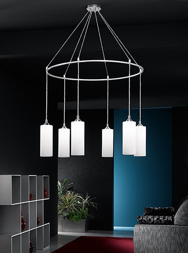 6 - Light Chrome Cluster Pendant, Cylindrical Shades