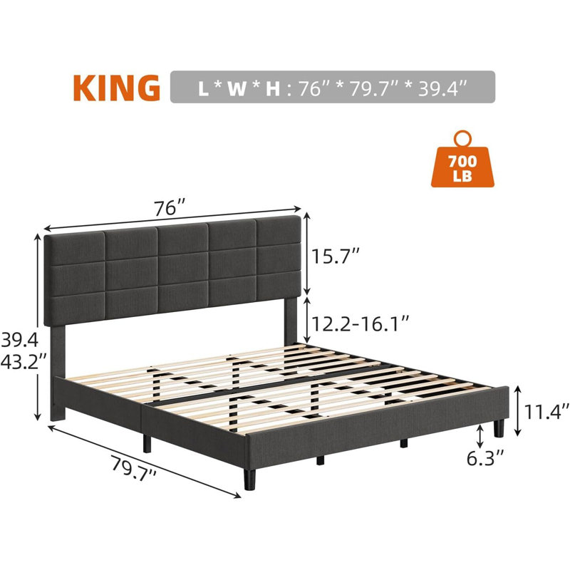 Bed Frame With Headboard, Sturdy Metal Frame With Solid Wooden Slats Support, King