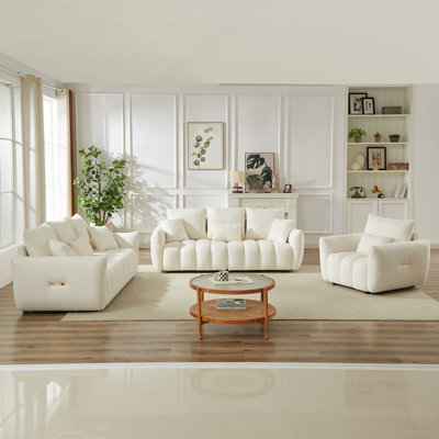 Modern Teddy Fabric Combo Sofa Set With Wooden Frame And Seven Cushions For Compact Living Spaces.
