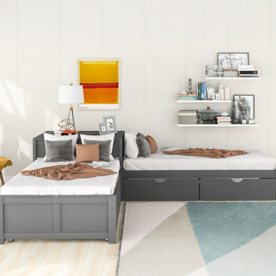 Lit plateforme simple en L avec bureau intégré, lit gigogne gris et tiroirs pour chambre spacieuse avec tiroirs, espace