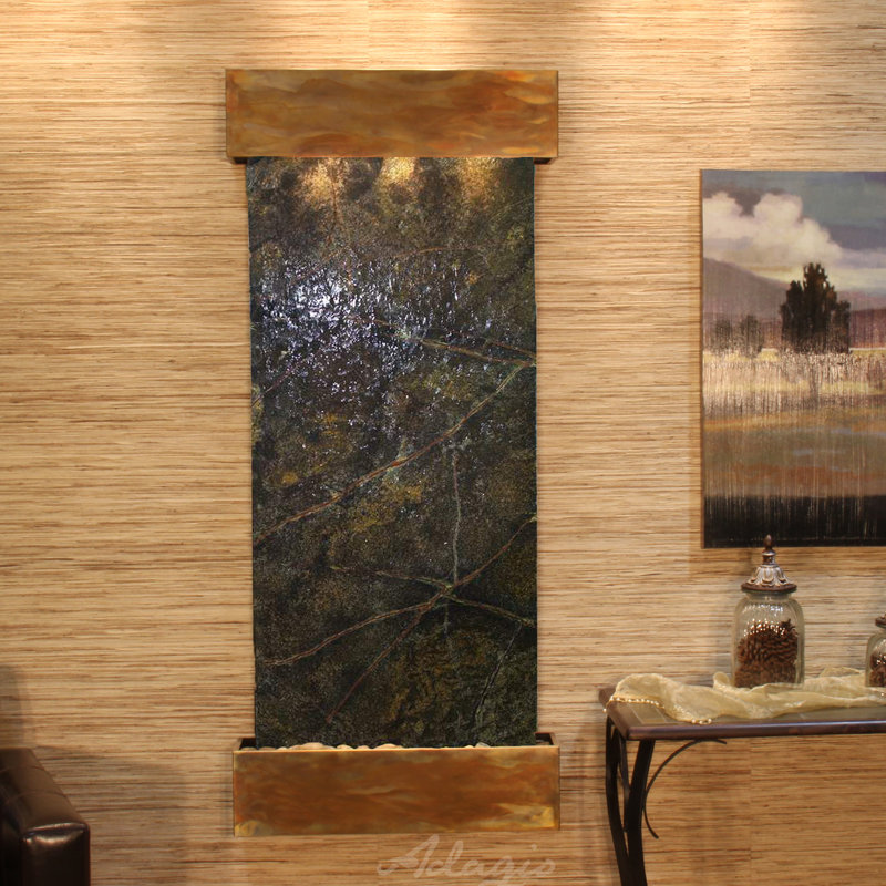 Inspiration Falls Natural Stone Fountain with Light, Rainforest Green Marble, Rustic Copper