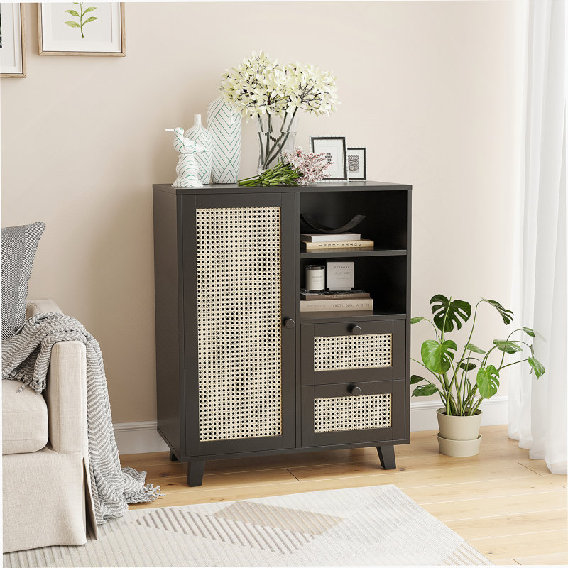 Rattan Buffet Cabinet With Adjustable Shelf, Sideboard With Drawers For Living Room, Kitchen, Entryway, Black