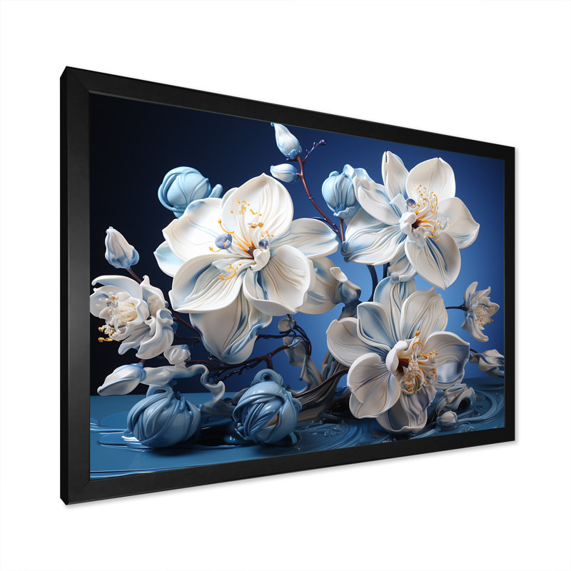 Orchidées blanches et bleues de sérénité - art mural orchidée, H 24 po x l 32 po x P 1 po, Cadre simple noir