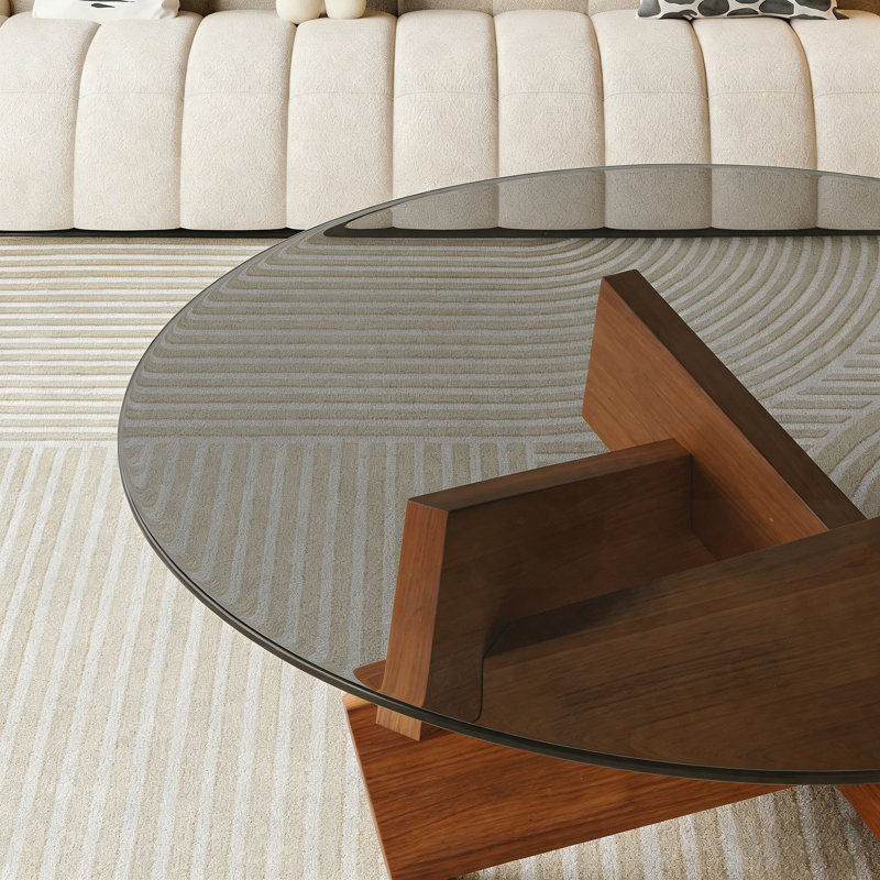 Table basse ronde 27,5 po - Verre trempé / bois, Mid-Century - Noyer