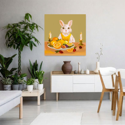 Cute Rabbit Fruits Dinner Time Candlelight Painting Oil Abstract Contemporary Wall Art