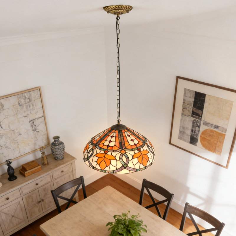 Luminaire suspendu en forme de tête de vitrail unique en forme de dôme floral orange avec ampoules