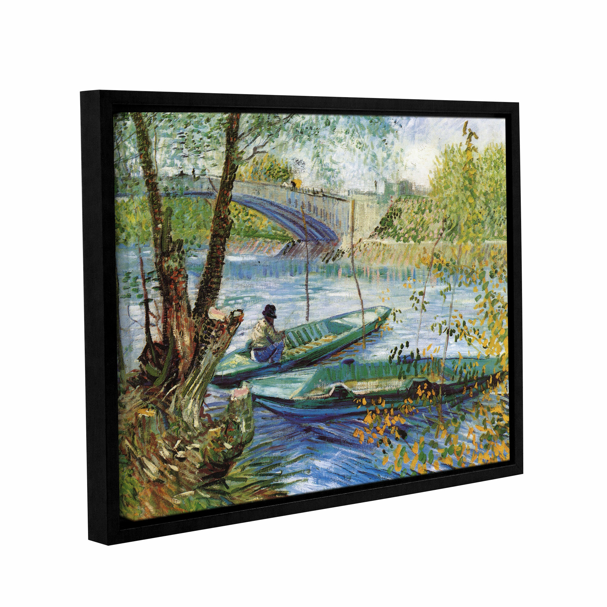 ArtWall Fishing in Spring, The Pont de Clichy (Asnieres) by Vincent Van Gogh Framed Painting Print On Wrapped Canvas, Green
