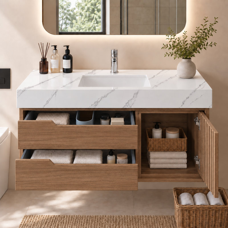 Meuble-lavabo suspendu de 91 cm (35,8 po) avec comptoir en pierre frittée et lavabo encastré en céramique, armoire de salle de bain d'aspect bois