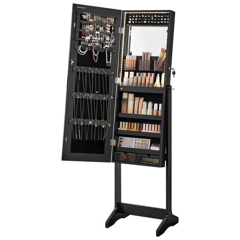 Armoire à bijoux blanche avec miroir lumineux intégré, rangement spacieux et assemblage sans effort, Noir