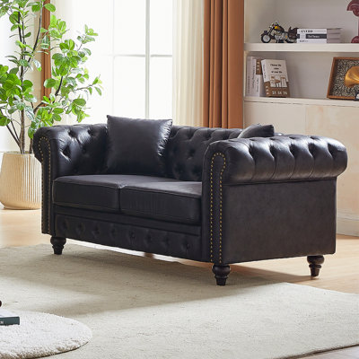 Canapé Chesterfield de 63,5 po de style contemporain, canapé modulaire en tissu Tech, boutons capitonnés avec accoudoirs cloutés avec 2 coussins, revêtement rembourré et pieds en bois