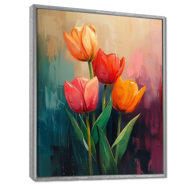 «Orange Orange Vibrant Bloom Tulips II», impression d'art mural, H 34 po x l 44 po, Cadre argenté flottant, bois massif