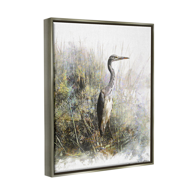 «Heron Bird Water's Edge Pond Floater» par Pip Wilson, H 21 po x l 17 po x P 1,7 po, Cadre flottant gris lustré