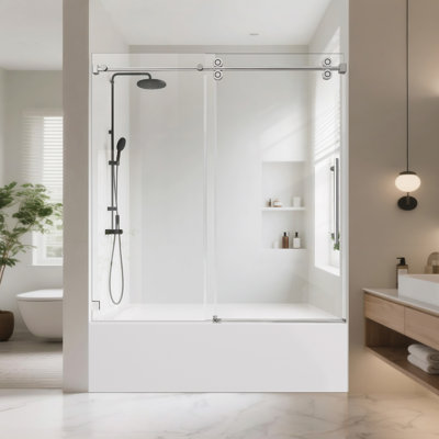 60"W x 66"H Frameless Bathtub Door with 3/8" (10mm) Easy-Clean Glass, 2" Adjustable Stainless Steel Rail