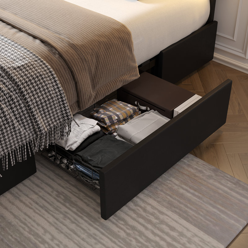 Athanasius Modern LED Platform Bed, PU Upholstered Bed with Storage Drawers, RGB Lighting & Music Sync, Adjustable Headboard, No Box Spring Needed, Easy Assembly