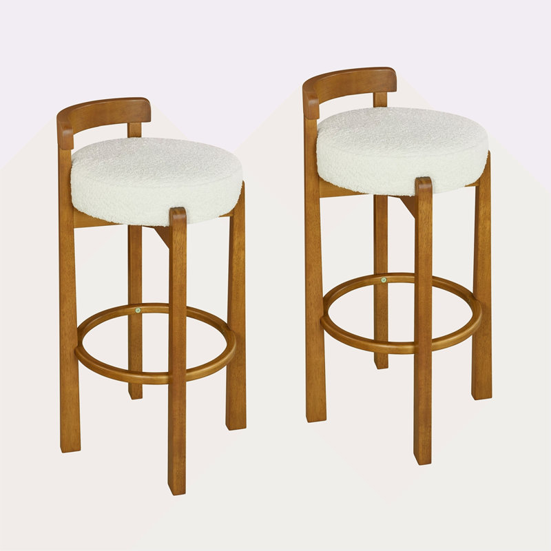 Tabouret de bar d'intérieur à dossier bas en bois, finition noyer et revêtement, ensemble de 2, Blanc