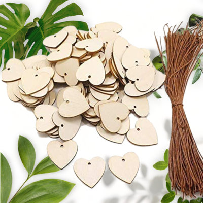 100-Pack Wooden Heart Slices, 33mm, Blank, with Twine