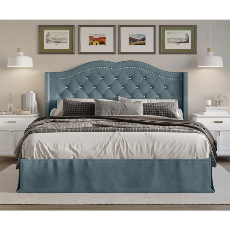 Lit plateforme tapissier simple Almanzo, Bleu, Double