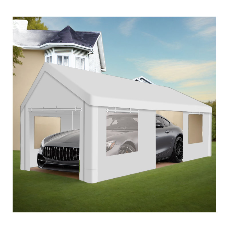 12x20 FT Heavy Duty Car Canopy Garage with Roll-Up Ventilation Windows, White