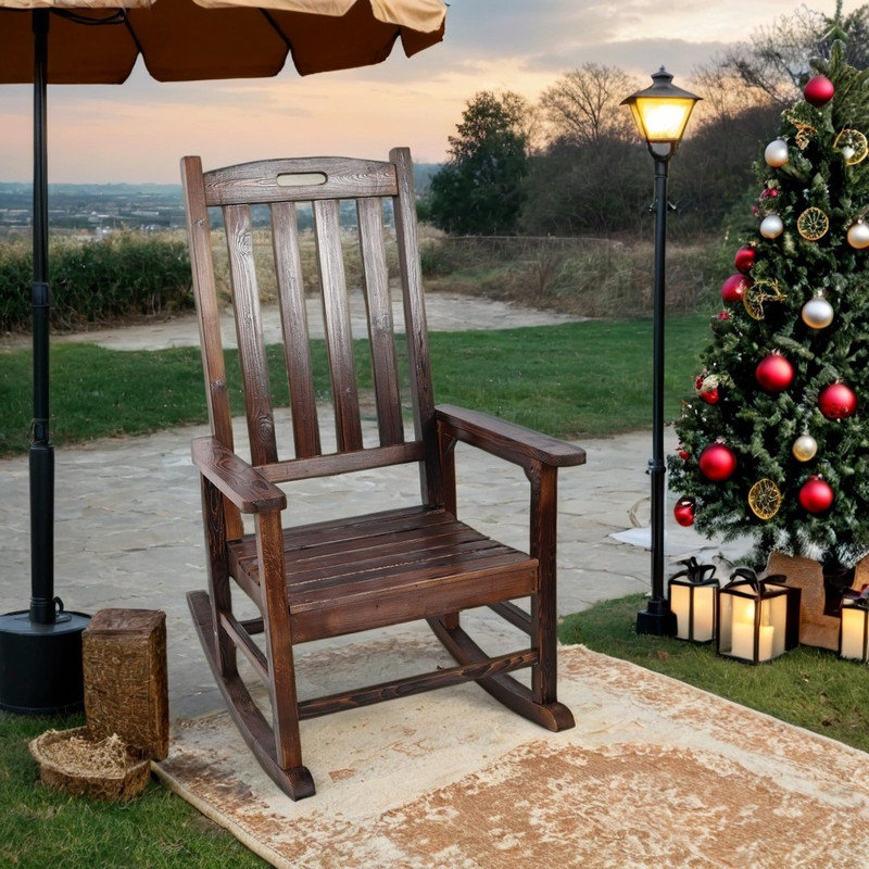 Wooden Rocking Chair with High Backrest and Wide Seat, Brown