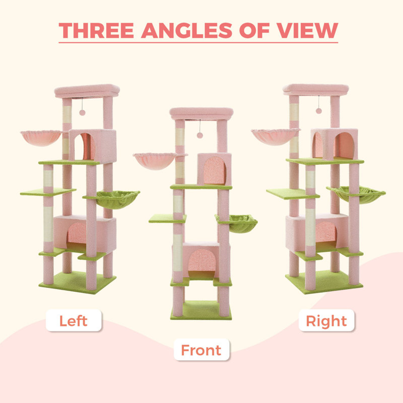 66" Pink and Green Sisal Cat Tower with Hammock