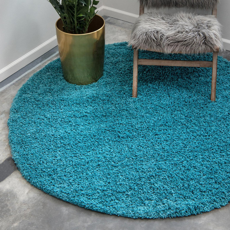 Tapis noir de jais Santoshi, Rond 3 pi 1 po, Bleu aqua foncé