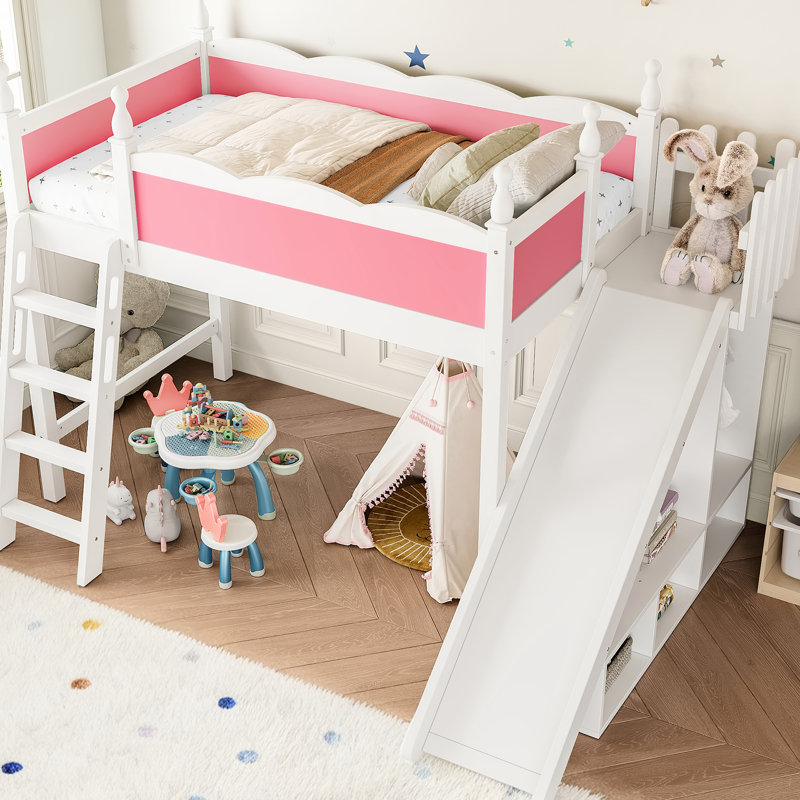 Twin Solid Wood Loft Bed Pink And White, With Detachable Slide, Storage Shelves Adaptable Room Setup White Shelves, Wardrobe, Creative Practical