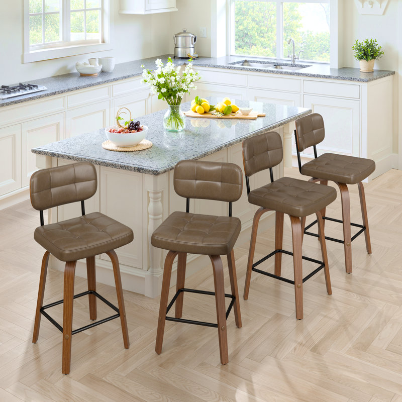 26" Counter Height Swivel Bar Stools,Pu Leather & Bentwood Back Bar Stools For Kitchen(Set of 4), Coffee Brown, 4