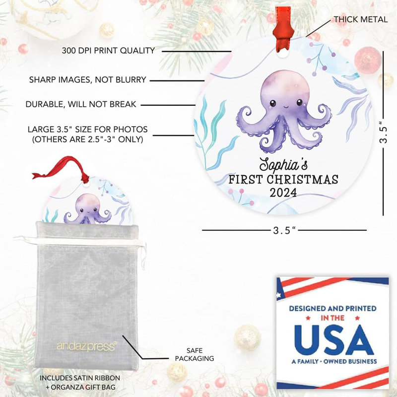 Ornement de pieuvre en métal sur mesure, mignonne pieuvre mauve, première décoration d'arbre de Noël pour enfants, Oui