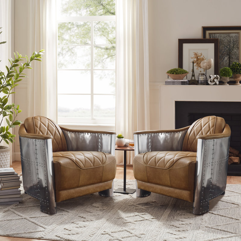 Alvenia 31.1"W Tufted Top-Grain Leather Accent Armchair(Set Of 2), Light Brown